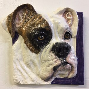 Può includere: Una scultura in ceramica di una testa di bulldog bianco e marrone su uno sfondo viola. La scultura è dettagliata con tratti realistici, tra cui la pelliccia, gli occhi e il naso.