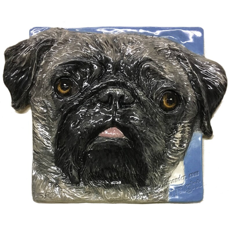 Pug CERAMIC Portrait Sculpture 3D Dog Art Tile Plaque FUNCTIONAL ART by Sondra Alexander Christmas gifts in stock