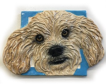 Miniature Apricot Poodle Dog CERAMIC Pet Portrait Sculpture 3D Animal Art Tile Plaque FUNCTIONAL ART by Sondra Alexander In Stock