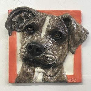 Può includere: Piastrella in ceramica con un ritratto tridimensionale dettagliato di un cane. Il cane ha pelo marrone e bianco, con una striscia bianca sul viso. Il ritratto è incorniciato in un quadrato con un bordo arancione e sfondo bianco.