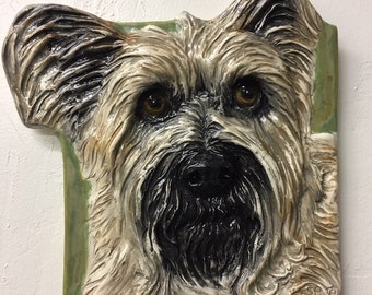 Cairn Terrier Ceramic Portrait Sculpture 3D Dog Art Tile by Sondra Alexander In Stock ready to ship