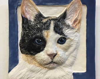 Shorthair Cat Tile CERAMIC Pet Portrait Sculpture 3d Animal Art Tile Plaque FUNCTIONAL Art by Sondra Alexander In Stock Made in USA