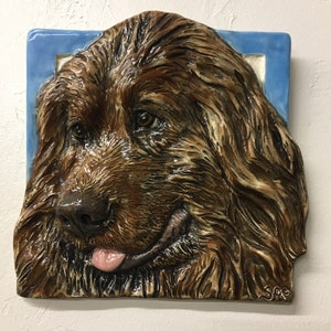 Newfoundland Puppy Dog Ceramic Pet Portrait Sculpture 3D Animal Art Tile by Sondra Alexander Art made in USA ready to ship