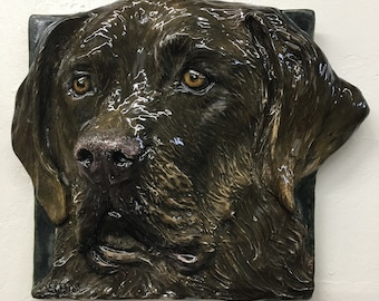 Brown Labrador Retriever Puppy Dog Ceramic Pet Portrait Sculpture 3D Animal Art Tile by Sondra Alexander Art made in USA ready to ship