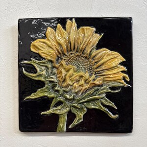Sunflower Flower Ceramic Sculpture Art Tile Plaque, Sondra Alexander in stock USA