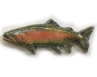 Rainbow Trout Fish Tile CERAMIC Portrait Sculpture 3d Art Tile Plaque FUNCTIONAL ART by Sondra Alexander