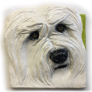 Può includere: Una scultura in ceramica bianca della testa di un cane. Il cane ha un pelo bianco e soffice e occhi marroni. La scultura è posizionata su uno sfondo verde.
