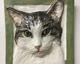 Shorthair Cat Tile CERAMIC Pet Portrait Sculpture 3d Animal Art Tile Plaque FUNCTIONAL Art by Sondra Alexander Made to order in USA