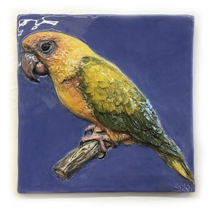 Sun Conure Parrot Tile CERAMIC Pet Portrait Sculpture 3D Animal Art, Sondra Alexander In Stock USA
