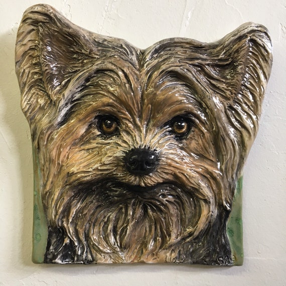 Yorkshire Terrier Yorkie Puppy Dog Tile CERAMIC Pet Portrait Sculpture 3d  Animal Art Plaque FUNCTIONAL ArT by Sondra Alexander In Stock USA - Main Image