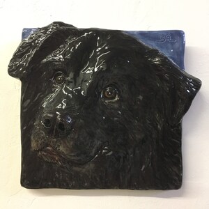 Newfoundland Puppy Dog Ceramic Pet Portrait Sculpture 3D Animal Art Tile by Sondra Alexander ready to ship Made in USA