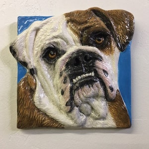 English Bulldog Dog CERAMIC Pet Portrait In Stock Sculpture 3D Animal Art Tile Plaque FUNCTIONAL Art by Sondra Alexander Made in USA