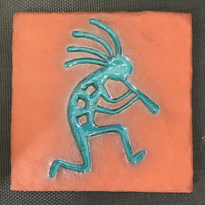 Kokopelli Terra Cotta Red Fired clay Trivet or Wall hanging Tile CERAMIC Pet Portrait Sculpture 3D Art Tile Plaque by Sondra Alexander