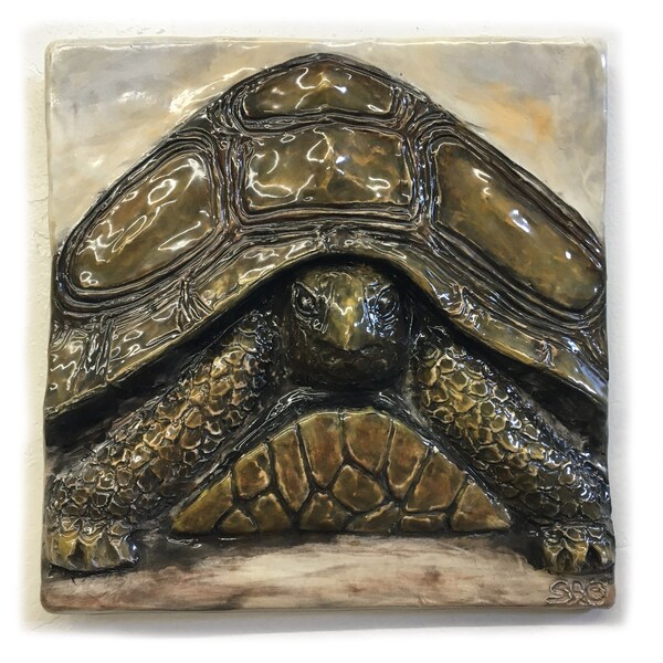 Turtle CERAMIC Portrait Sculpture 3D Animal Art Tile Plaque by Sondra Alexander In Stock Made in USA