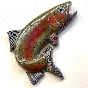 Rainbow Trout Fish Tile CERAMIC Portrait Sculpture 3d Art, Sondra Alexander USA In Stock