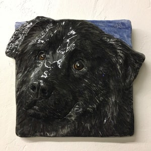 Newfoundland Puppy Dog Ceramic Pet Portrait Sculpture 3D Animal Art Tile by Sondra Alexander ready to ship Made in USA