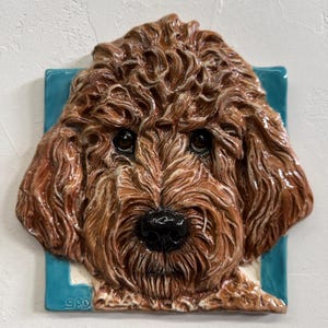 Può includere: Scultura in ceramica raffigurante il volto di un cane con pelo riccio marrone e naso nero. Il volto è posto su uno sfondo quadrato turchese. La scultura è dettagliata e strutturata, con un aspetto realistico.
