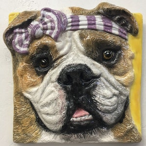 English Bulldog Dog CERAMIC Pet Portrait In Stock Sculpture 3D Animal Art Tile Plaque FUNCTIONAL Art by Sondra Alexander Made in USA