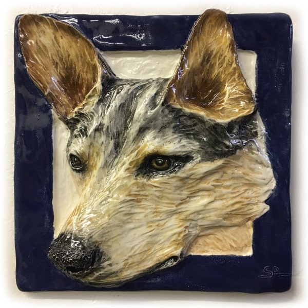 Australian Cattle Dog Tile CERAMIC Pet Portrait Sculpture 3d Animal Art Tile Plaque FUNCTIONAL Art Sondra Alexander In Stock Made in USA