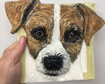 Jack Russell Terrier Dog CERAMIC Pet Portrait Sculpture 3d Animal Art Tile Plaque FUNCTIONAL ART by Sondra Alexander Ready to ship in stock