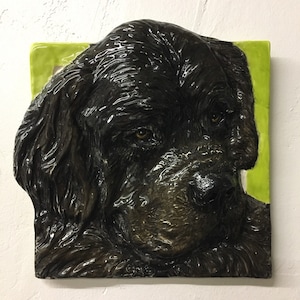 Newfoundland Puppy Dog Ceramic Pet Portrait Sculpture 3D Animal Art Tile by Sondra Alexander ready to ship Made in USA