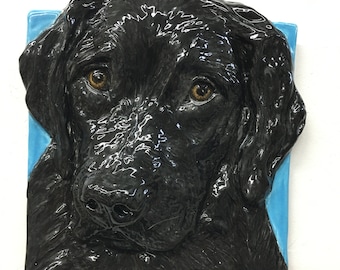 Black Labrador Retriever Dog Ceramic Pet Portrait Sculpture 3D Animal Art Tile by Sondra Alexander ready to ship