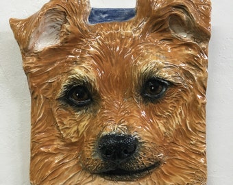 Pomeranian Puppy Dog Tile CERAMIC Portrait Sculpture 3d Art, Sondra Alexander USA In Stock