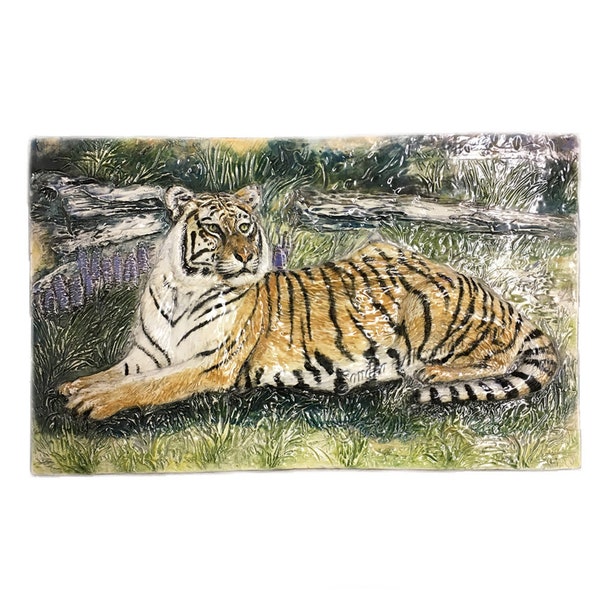 India Bengal Siberian Tiger Big Cat Zoo Tile CERAMIC Pet Portrait Sculpture 3d Animal Art Plaque Sondra Alexander Made to Order