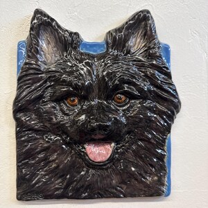 Può includere: Un'applique da parete in ceramica raffigurante la faccia di un cane nero con occhi marroni e lingua rosa. Il pelo del cane è strutturato e lucido, su sfondo blu. L'opera d'arte è quadrata e dettagliata.