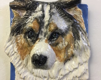 Border Collie CERAMIC Portrait Sculpture 3D Dog Art Tile Plaque FUNCTIONAL ART by Sondra Alexander In Stock