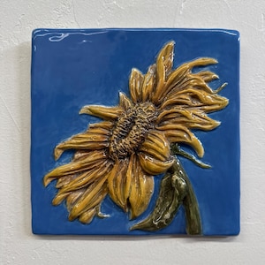 Sunflower Flower Ceramic Sculpture Art Tile Plaque, Sondra Alexander in stock USA