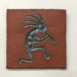 Kokopelli Fired Terra Cotta Red Clay Trivet or Wall hanging tile CERAMIC Pet Portrait Sculpture 3D Art Tile Plaque by Sondra Alexander
