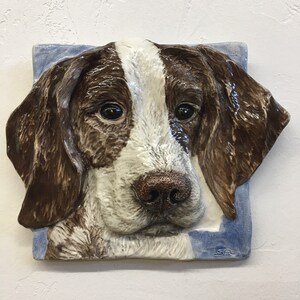 Può includere: Una scultura da parete in ceramica di una testa di cane marrone e bianco. Il cane ha orecchie marroni, un muso bianco e occhi marroni. La scultura è su uno sfondo blu.