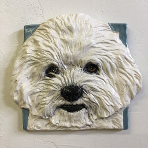 Bichon Frise Puppy Dog Ceramic Pet Portrait Sculpture 3D Animal Art Tile by Sondra Alexander USA In Stock