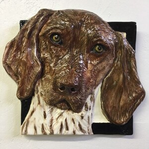 Può includere: Una scultura in ceramica della testa di un Bracco tedesco a pelo corto. La scultura è dipinta con colori realistici, con pelo marrone, naso nero e segni bianchi. Gli occhi del cane sono marroni e la scultura è posizionata su uno sfondo nero.