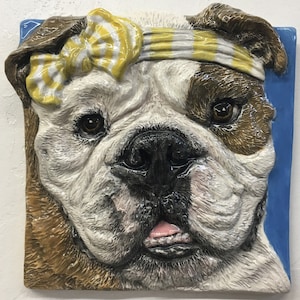 English Bulldog Dog CERAMIC Pet Portrait In Stock Sculpture 3D Animal Art Tile Plaque FUNCTIONAL Art by Sondra Alexander Made in USA