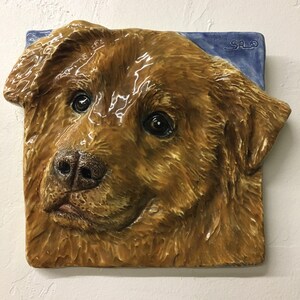 Newfoundland Puppy Dog Ceramic Pet Portrait Sculpture 3D Animal Art Tile by Sondra Alexander ready to ship Made in USA