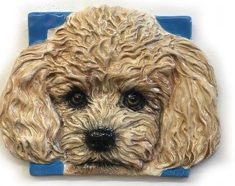 Miniature Apricot Poodle Dog CERAMIC Pet Portrait Sculpture 3D Animal Art Tile Plaque FUNCTIONAL ART by Sondra Alexander In Stock