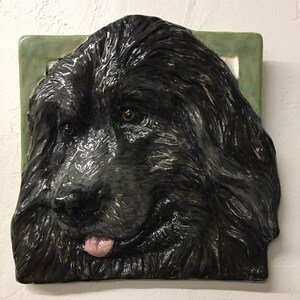 Newfoundland Puppy Dog Ceramic Pet Portrait Sculpture 3D Animal Art Tile by Sondra Alexander ready to ship Made in USA