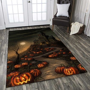Halloween Pattern,Haunted Rug, Horror Rug, Orange Pumpkin Art, Farm house Decor, Gift For Her, Gift For Him, Non-Slip Rug, Washable Rug