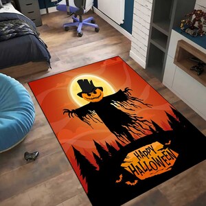 Tappeto spaventoso ScareCrow, tappeto da pavimento, tappeto personalizzato, arte della zucca arancione, arredamento della fattoria, regalo per lei, regalo per lui, tappeto antiscivolo, tappeto lavabile