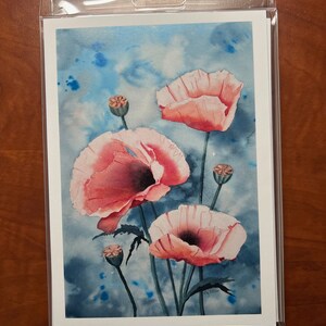 Papaveri - Confezione da 5 fiori di biglietti interni vuoti da 5"x7" con busta con opere d'arte originali di Roz Art.