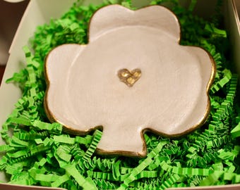 Clay Ring Dish - 4" Shamrock Shape with Heart Celtic Knot