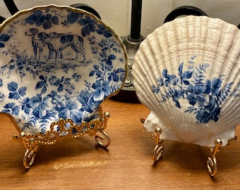 Antique/Victorian Style Blue Chinoiserie Toile Hunting Dog Scene Ring/Trinket Dish