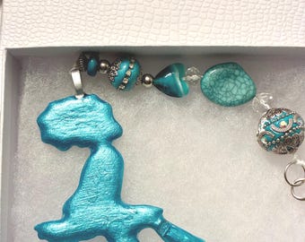 Irish Dancer Rearview Mirror Ornament (or anywhere decoration) Metallic Turquoise & Shell Pattern, Turquoise Beads