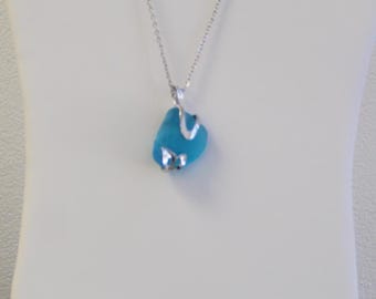 Sea Glass Pendant Necklace Bright Blue