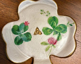 Clay Ring Dish - 4" Shamrock Shape with Celtic Knot