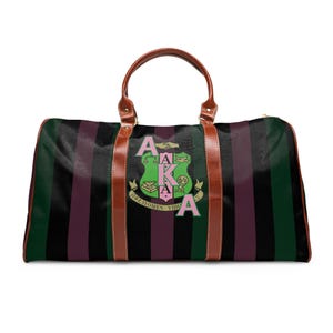 BLACK Stripped AKA Sorority Sisterhood Pink and Green Waterproof Weekender Travel Bag Inspired Gift Custom Alpha Kappa Alpha Bag Gifts