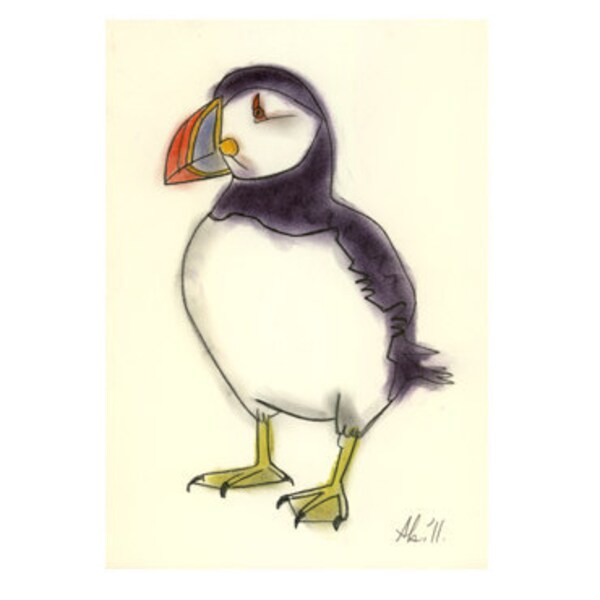 Art Original. Bird Art  - Original drawing - Little Puffin Thinking 5.7" X 8.27"