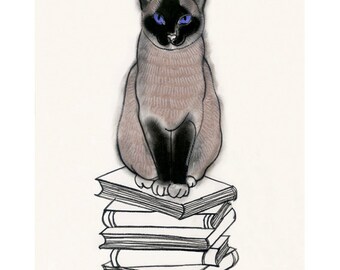 Siamese Cat Art Print - I Heart Books - 8.3 x11.7 print = A4 print - 4 for 3 SALE